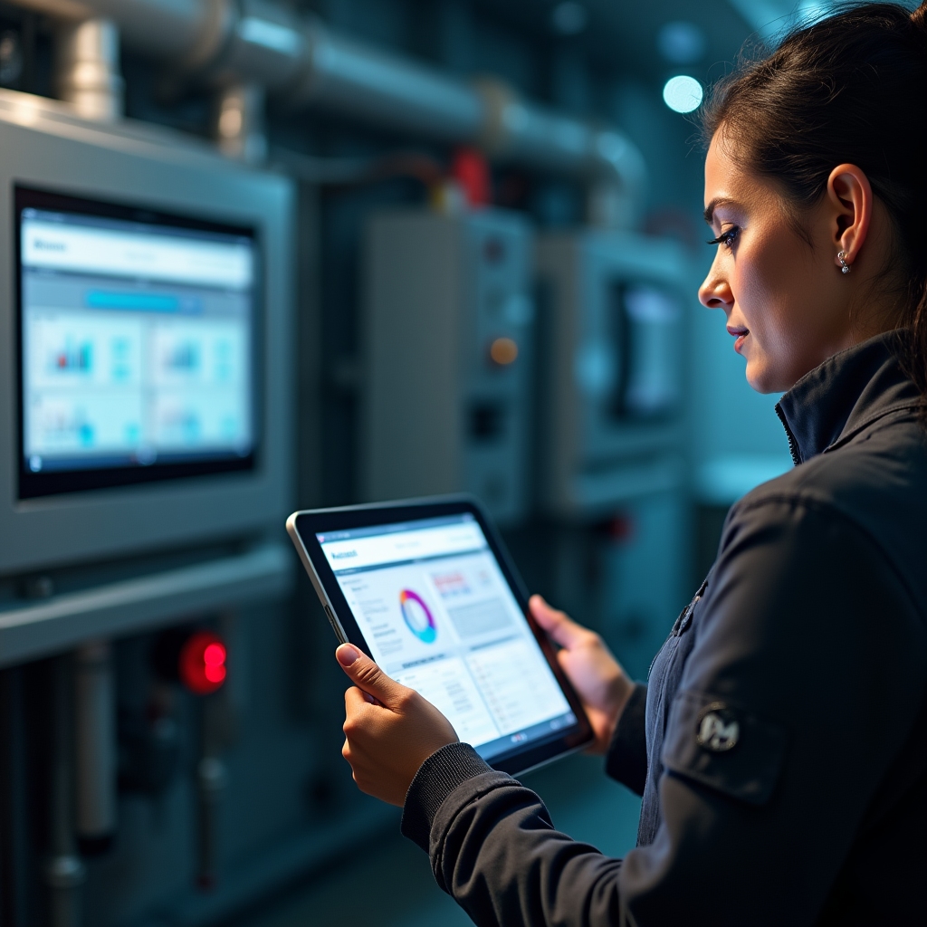 Technician reviewing heat pump system performance data on a tablet next to an indoor hydraulic unit
