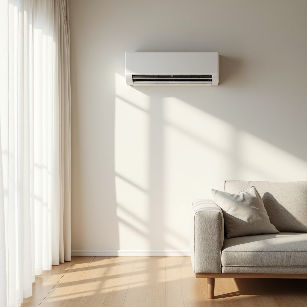 Slim white split air conditioning indoor unit mounted above a window in a modern minimalist living room