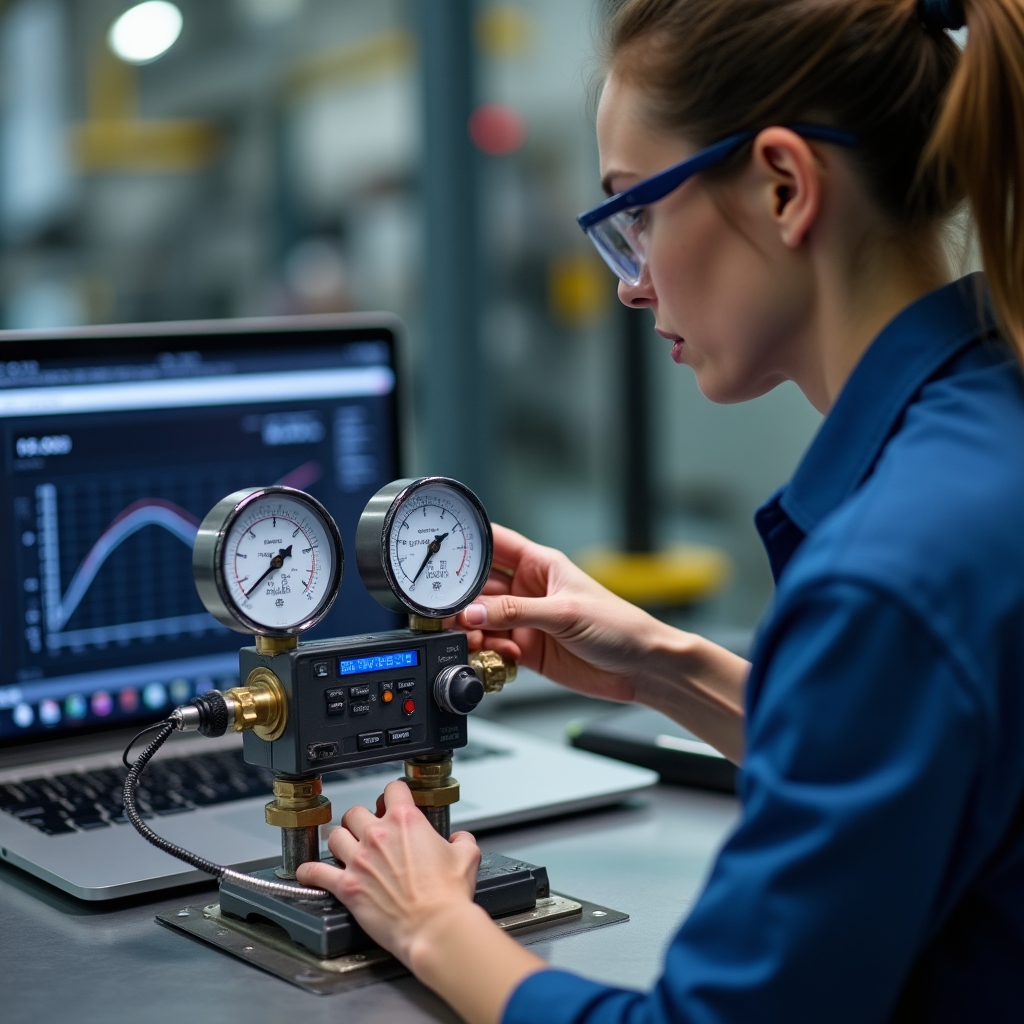 Engineer calibrating a pressure gauge and manifold set on a workshop testing bench