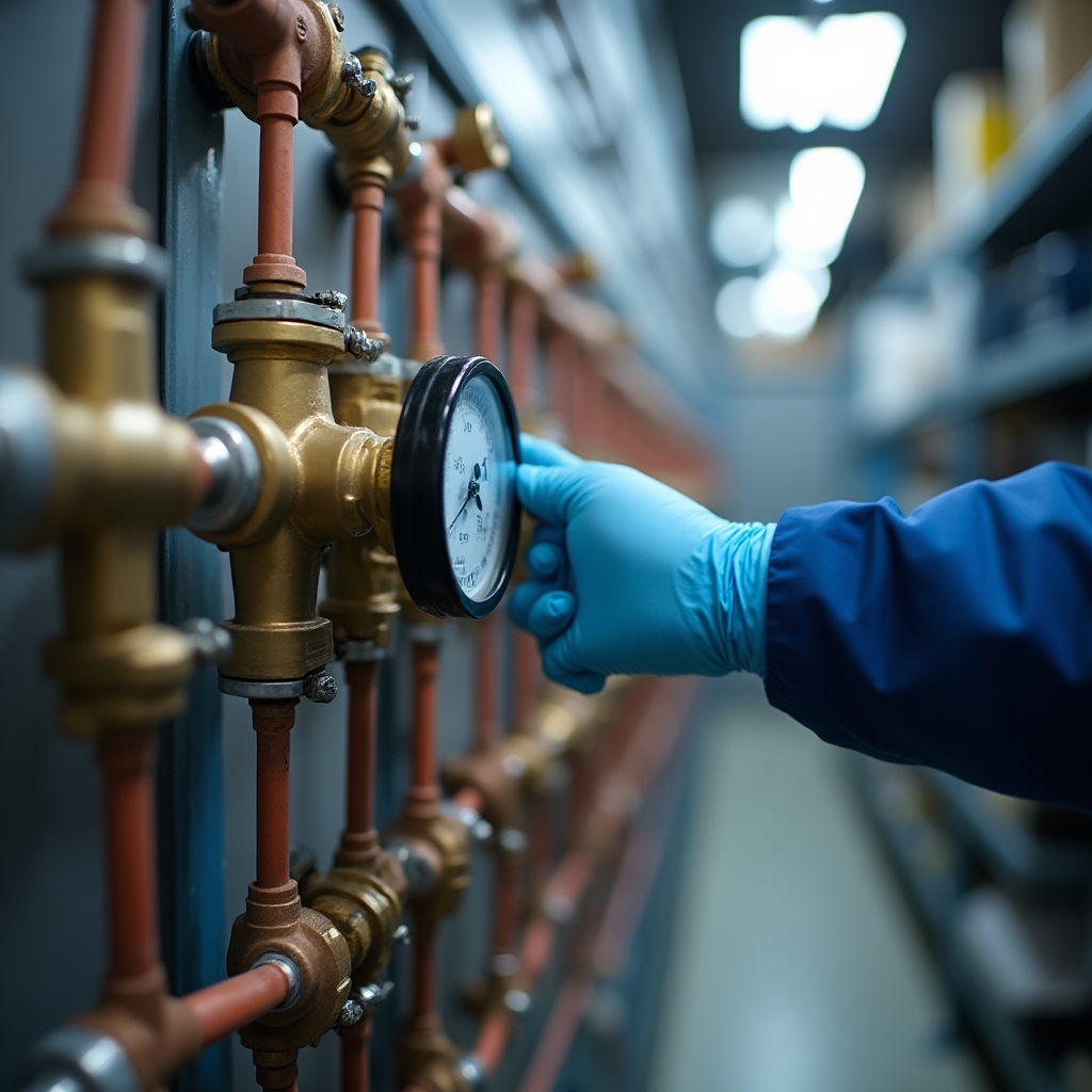 Close-up of underfloor heating manifold loops being balanced and labelled during system design