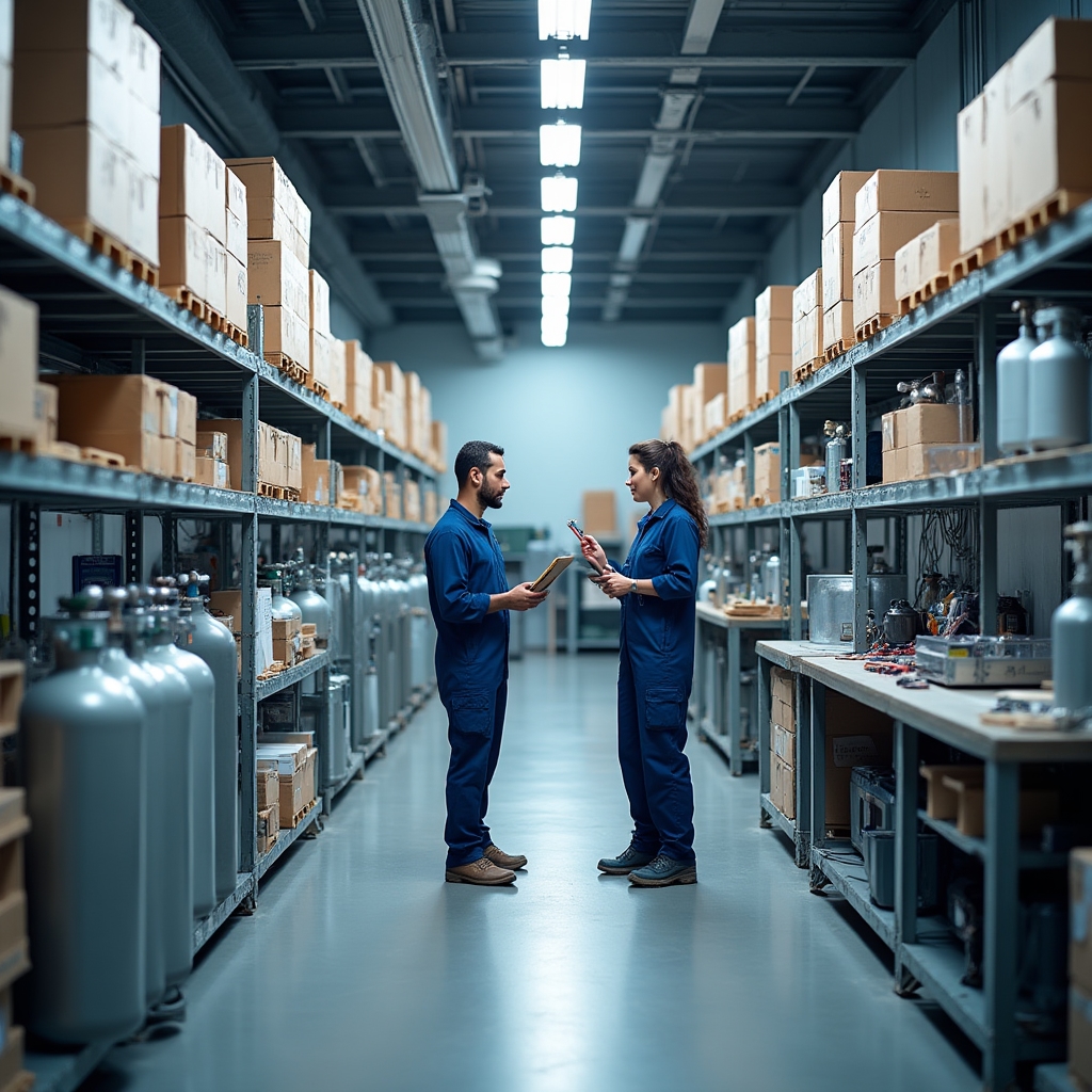 Interior view of the Rogeho workshop with shelving of spare parts and test equipment stations